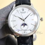 AAA replica TW factory Rolex Cellini moon phase white dial leather strap watch 